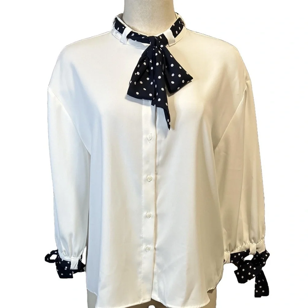Zara Basic Button Up Blouse with Polka Dot Ties and 3/4 Sleeves/Medium - Picture 2 of 8